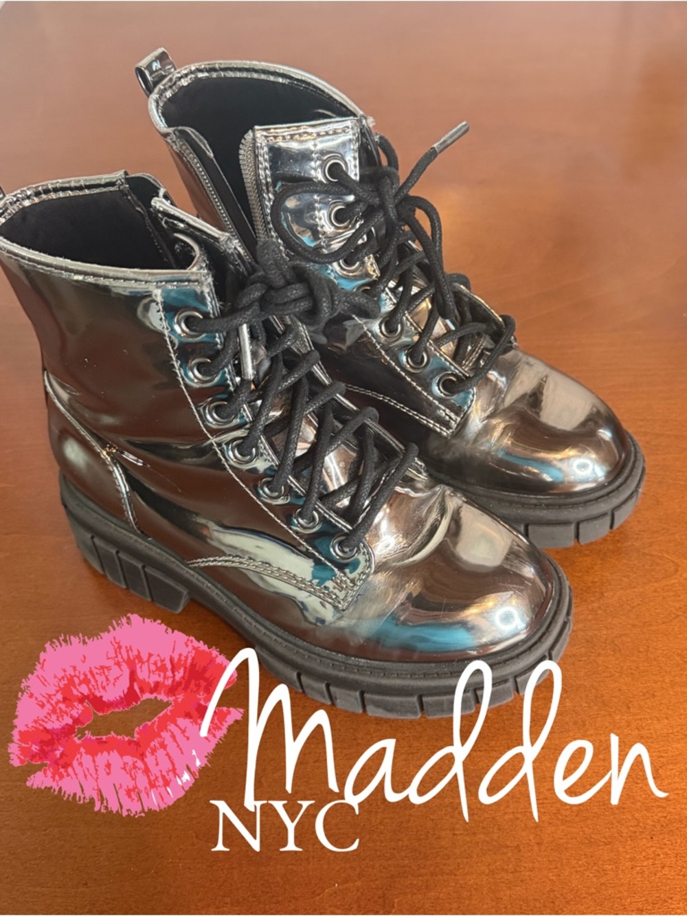 Madden NYC Metallic Silver Combat Boots - Size 1 Youth